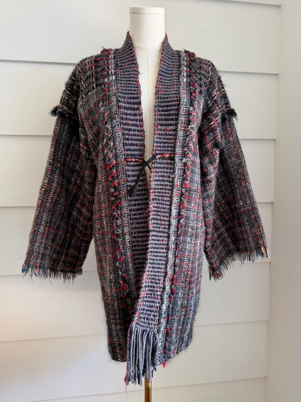 Vintage Boho Hand Woven Multicolor Fringe Kimono Coat